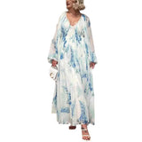 Plataz Women's Printed Chiffon Dress V Collar Folded Waist Drawstring Long Sleeve 8042 HZ0628