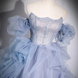 Plataz Shoulder Evening Dress Sexy Fairy Piano Playing Adult Wedding Dress Beautiful Singing Blue Dress Art Exam