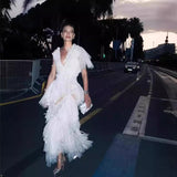 Plataz 2025 White Feathers Hollow V-Necked Dress 9009