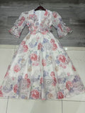 Plataz Style Dress 2025 Summer V-Neck Bubble Sleeves Mid-Sleeve Fresh Sweet Three-Dimensional Flower Print Dress