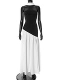 Plataz Women's Black And White Bumping Round Neck Irregular Opening Dress DJPT