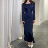 Plataz 2024 New Women's High-End Slim Temperament Showing Lean Long Sleeves Pure Color Evening Dress Dress