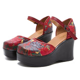 Plataz Real Leather National Style Print Ultra-High With Idyllic Wind Thick Bottom Retro College Style Buckle Sandals High Quality Shoes