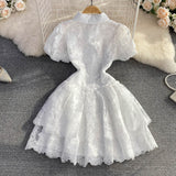 Plataz Summer Retro Temperament Super Fairy Collar Single Buckle White Embroidery Bubble Sleeve A Word Cake Dress DJPT