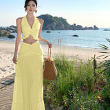 Plataz Style Sexy Hottie Suit Female V-Neck Hanging Neck Sling Vest High-Waisted Long Skirt Two Sets