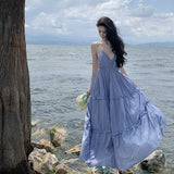 Plataz Sanya Beach Dress Women's Slings Ribbons With Back V-Neck Dress Temperament High-Rise Lanky Skirt