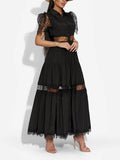 Plataz Black Rose Lace Stitched 2025 New Women's Summer Collar Short-Sleeved Long Solid Dress
