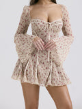 Plataz Lace New French Lightweight Heavyweight Short Dress Horn Sleeve Fish Bone Printed Dress Sexy Spice Girl HZ0628
