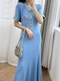 Plataz Elegant Wind Knitted Dress 2025 Summer New Denim Bumping Short-Sleeved Long Dress Dress Woman