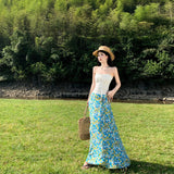 Plataz Holiday Style Suit French Rope Smear Vest Top Woman Summer Blue Floral Half Dress Two Sets
