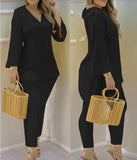 Plataz Explosion Color New Plain Horn Sleeve V Collar Top And Trousers Fashion Lady Set DJPT