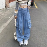 Plataz Kong Style Retro Big Pocket Workwear Jeans Women's Spring And Autumn Tide Straight Loose Hanging Wide Leg Trousers DJPT