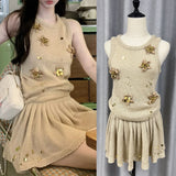 Plataz 2024 Early Autumn Exquisite Fashion Hand-Beaded Knitted Vest Half-Skirt Set