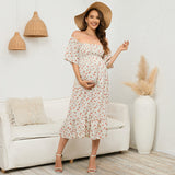 Plataz 2025 New Summer Pregnant Woman Chiffon Dress Small Broken Floral Dress Short Sleeve Long Dress Maternity