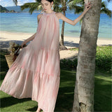 Plataz Hanging Neck Dress Women Summer Long Dress Small Pink Sleeveless Seaside Holiday Tie Dye Dress