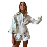 Plataz Autumn Australian Fashion Brand Elegant Fresh Floral Femininity Commuting Long-Sleeved Shirt Top High-Waist Shorts Set