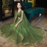 Plataz Dress Women 2025 New Long Green Large-Size Annual Conference Host Banquet Performance Fluffy Temperament Dress