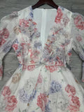 Plataz Style Dress 2025 Summer V-Neck Bubble Sleeves Mid-Sleeve Fresh Sweet Three-Dimensional Flower Print Dress