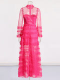 Plataz Elegant High-End Dress Women's New Spring 2025 Round Lace Splicing Perspective Mesh Yarn Cake Dress
