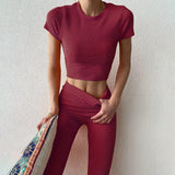 Plataz Autumn 2025 New Women's Clothing Fashion Style Casual Solid Color Buff Short Sleeve Trousers Set DJPT