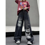 Plataz Vintage High Street Design Hole Jeans Women's High-Lumn Loose Vibe Fried Street Trousers DJPT