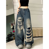 Plataz Vintage High Street Design Hole Jeans Women's High-Lumn Loose Vibe Fried Street Trousers DJPT