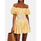 Plataz Niche Brand Sweet Sexy One-Word Lotus Leaf Edge Hollow Embroidery Showing Thin Waist Holiday Dress