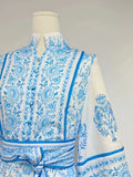 Plataz Autumn New Blue And White Printing Collar Lantern Sleeve Single Buckle Belt Waist Display Thin Dress