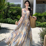 Plataz Retro Oil Painting Smashed Flowers To Take The Sling Dress To The Waist Dress Seaside Holiday Showback Beach Dress Woman