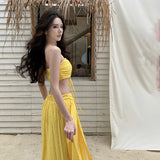 Plataz Seaside Resort Style Sexy Folded Blouse Blouse Swing Half-Dressed Two-Piece Suit Woman