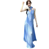 Plataz Sense Irregular Splicing Folds A Long Dress Summer French Waist Big Skirt V Tie Hanging Dress Woman