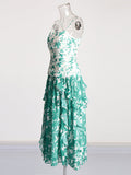 Plataz Holiday Style Dress 2025 Spring New Print Pressure Frills Light Mint Leaf Side Braid Dress Woman