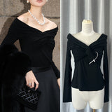 Plataz Zhao Sanguan 2024 New One-Word Shoulder Elastic Wrinkled Top Elegant Long-Sleeved T-Shirt