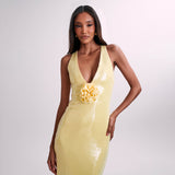 Plataz Lit Back Party Sexy Dress Red Cane Open-Fork Dress Three-Dimensional Flower Dress