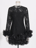 Plataz Senior Sense Dress Woman 2025 Summer New Lace Collar Splicing Mesh Long Sleeve Short Dress Women's Dress