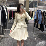 Plataz Oil Gaoding Vietnam S2025 Autumn And Winter New Heavy Industry Gold Line Repair V-Neck Two Sets Of Pressure Folds With Belt