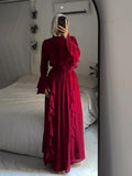 Plataz New Chiffon Ear Splicing Chiffon Temperament Half-High Collar Long Dress