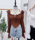 Plataz Girls Shoulder-Hanging Neck With Long-Sleeved Slings With Smear Wooden Ear-Deared Shirt Short With Chest Cushion Top DJPT