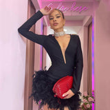 Plataz Fashion Feather Bandage Dress Sexy V-Neck Mesh Yarn Long-Sleeved Party Dress