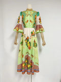 Plataz 2024 New Collar Horn Sleeve Single Buckle Waist Print Long Dress Dress Woman