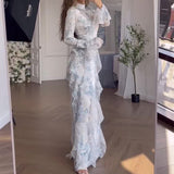 Plataz 2024 New Women's Clothing Dizzened With Broken Lotus Leaves Side Splicing Dress Long Sleeve Long Dress