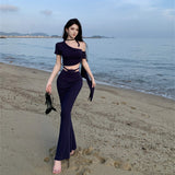 Plataz Sexy Seaside Travel Holiday Wind Inclined Shoulder Tightbage Bag Hip Fishtail Skirt Two Sets Early Autumn Wear