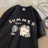 Plataz Cotton Shoulder Summer New Round Collar Short-Sleeved T-Shirt Cute Kitten Print Loose Blouse DJPT