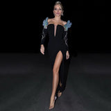 Plataz Card Shoulder Long Sleeves Chest V-Neck Pattern Hot Diamond Banded Dress Sexy Temperament Dress Dress