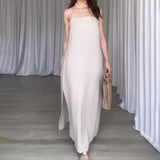 Plataz Women's Summer Slings Square Sleeveless Temperament Stylish Simple Straight Fork Skirt