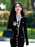 Plataz Autumn And Winter Pa Family Fashion Famous Woman Goddess Metal Buckle V-Neck Black Thin Knitted Dress