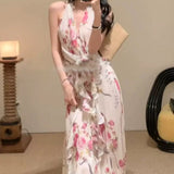 Plataz Sleeveless V-Necked Neck Dress With Wooden Ears Exposed Back Long Dress Beach Beach Seaside Holiday Dress