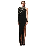 Plataz Design Sense One-Shoulder Long-Sleeved Banded Skirt Light Luxury Water Drill Sexy Open Party Dress Dress Dress