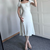 Plataz Women's Summer Collar Bubble Sleeve With High Waist Repair Fork Sexy Long Dress