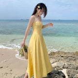 Plataz Yellow Bareback Strap Sling Sexy Dress Seaside Holiday Dress Waist And Ankle Beach Dress